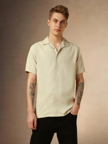 Image of Dennis Lingo Men's Half Sleeve Cuban Collar Solid Textured Relaxed Fit Casual Shirt