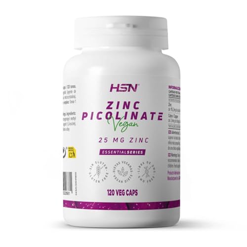 HSN ZINC 25 MG | 120 Cápsulas Vegetales | Picolinato de Zinc de Alta Biodisponibilidad con Cobre | 25mg de Zinc Mineral Elemental = 1 Cápsula Vegetal | No-GMO, Vegano, Sin Gluten
