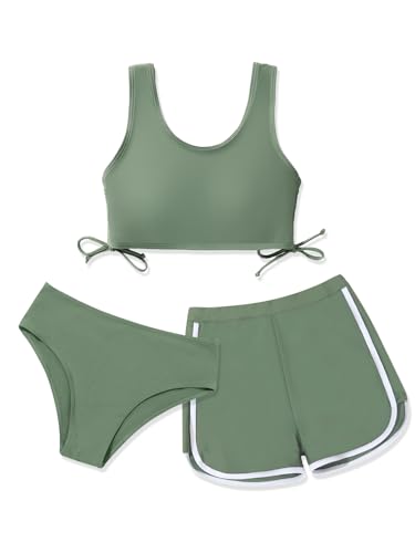 Image of Girl's 3 Piece Bikini Bathing Suit Printed Sport Swimsuits with Shorts Cove Up Sets Teen Girl's Swimwear
