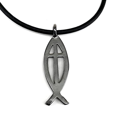 FORGIVEN JEWELRY Jesus Fish Large Ichthus Cross Dark Metal Finish Pendant Black Cord Necklace