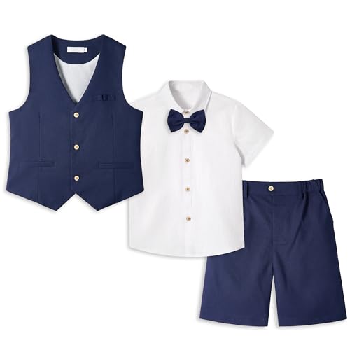 LOLANTA 4 STK Pagen Junge Kurzanzug, Kinder Leinen Sommer Anzug, Festliche Sommerhochzeit Taufe Zeremonie Outfit, Geburtstag Partykleidung, Kind Westen Shorts Set, Marineblau, 7-8 Jahre