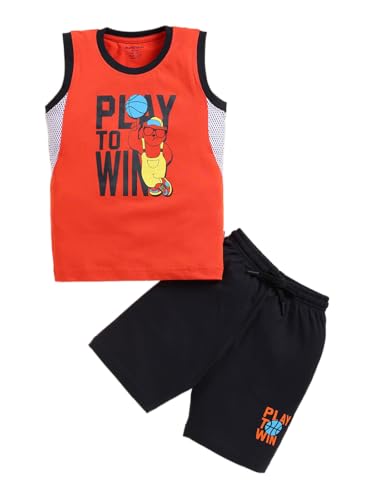 Image of Bumchums Boys Sleeveless Round Neck T-Shirt and Pant Set for Boys, Casual Clothing Set, Trendy and Cute, Graphic