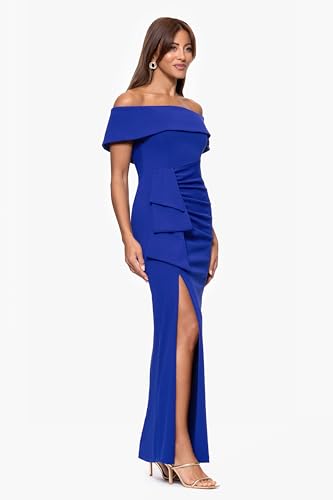 Image of Xscape Women's Off Shoulder Straight Neck Evening Gown with Foldover Cuff, Side Ruffle, Leg Slit, Fitted Formal Dress