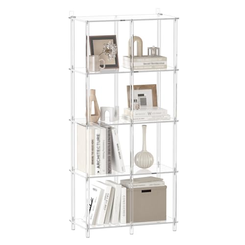 CRTERICX 5-Tier Acrylic Bookshelf with 8 Cube Storage Clear Bookcase for Home Office Mordern Multifunctional Open Book Shelves for Living Room Bedroom 50.8 H Easy Assembly