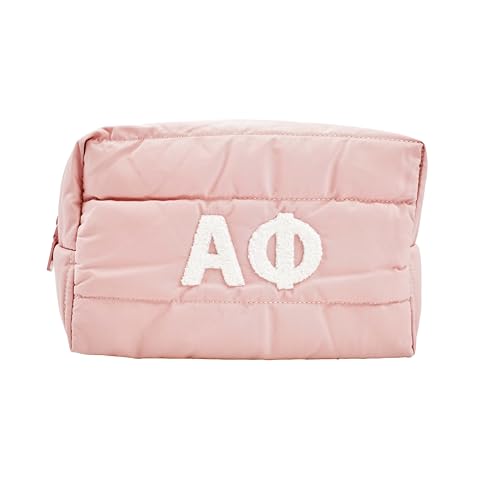 Sorority Shop Alpha Phi Makeup Bag- Puffer Style with Sorority Letters, Travel Cosmetic Bag with Zipper Closure, Perfect Alpha Phi Sorority Gifts for Women