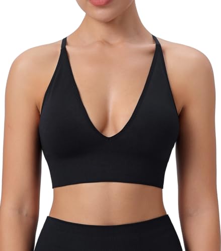 Womens Deep V-Neck Longline Sports Bra, Strappy Criss Cross Padded Cups Adjustable Spaghetti Straps Workout Yoga Crop Top