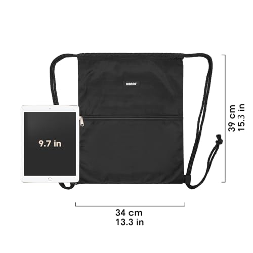 WANDF Rucksack mit Kordelzug Turnbeutel Sportbeutel Gym Bag Mit Aussentasche Verstellbar Tunnelzug Gymsack für Damen Herren Kinder mit Innentasche 11 Liter für Sport und Reisen (A - Schwarz)