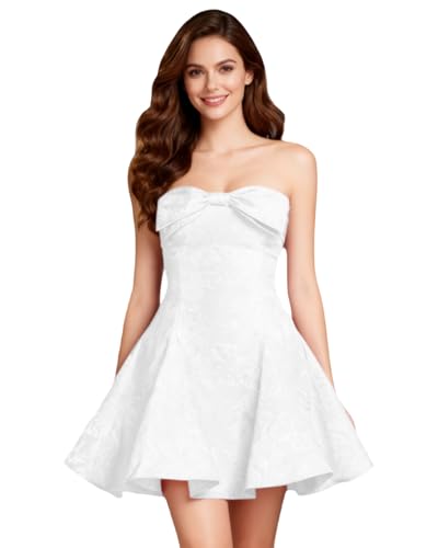 Image of JUMISEE Women's Elegant Bow Strapless Homecoming Dress A Line Swing Tube Mini Dress Short Evening Party Prom Dress