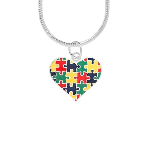 10 Pack Autism Heart Necklaces with Colored Puzzle Pieces – Autism Awareness Heart Pendant Necklaces for Fundraising Events, Resell & Support Groups