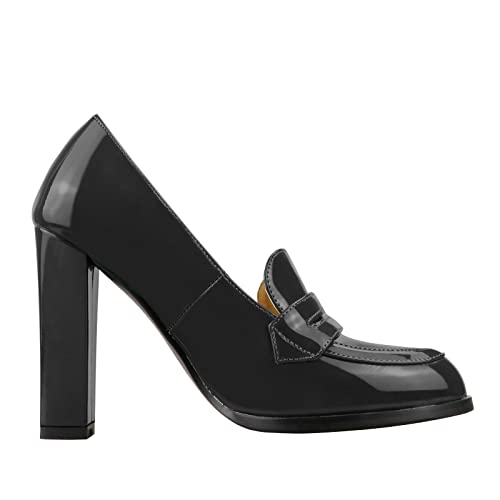 Lutalica W Women's Handmade Closed Round Toe Patent Leather Slip On Dressy Chunky High Heel Loafer Pumps Shoes for Work Party Evening Black Size 73