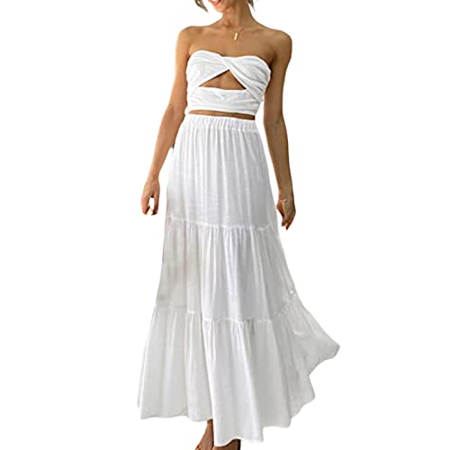 Beeladan Women's Boho Elastic Waist Pleated A Line Flowy Layered Skirts Casual Maxi Skirts Beachwear (White, L) #TOP1