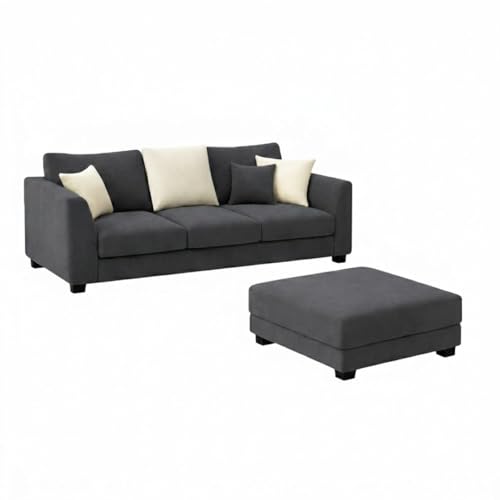 Image of SOCOZI Trevano 5 Seater Sofa Set with Ottoman (3 Seater + 2 Seater + Ottoman) | Soft Velvet Suede Fabric | Plush Comfort Cushions for Living Room (Cream-Dark Gray)