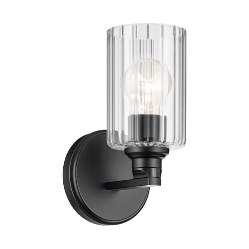 Image of Kichler Gioe 5 inch 1-Light Wall Sconce Bathroom Light Fixture with Clear Fluted Glass in Black, Damp Rated for Powder Room, Kitchen, Hallway, Bedroom (5 inch W x 9.5 inch H), 55224BKFLU