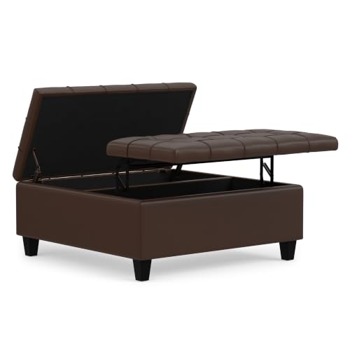 SIMPLIHOME Harrison 36" Wide Vegan Leather Ottoman in Chocolate Brown