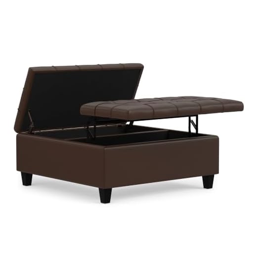 SIMPLIHOME Harrison 36 inch Wide Square Coffee Table Lift Top Storage Ottoman, Cocktail Footrest Stool in Upholstered Chocolate Brown Tufted Faux Leather for the Living Room,