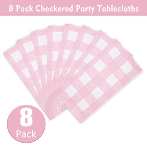 Image of Kesfey 8 Packs Pink and White Checkered Tablecovers 54 x 108 Inches Disposable Party Picnic Table Cloth SpillProof Plastic Gingham Tablecovers for Camping Decoration Party Favors