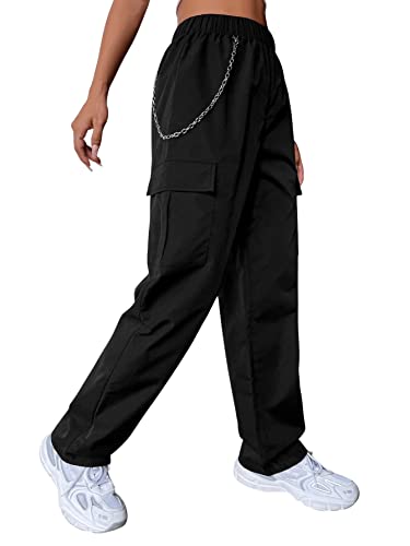 SOLY HUX Damen Cargo Hose Straight Sweathose Carip Schlaghose Elastische Bund Sport Hosen Jogginghose Streatwear mit Kette Taschen Schwarz L