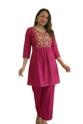 Image of Women's Rayon Embroidered Kurti with Pant Set | Floral Yoke Design | 3 /4 Sleeve Ethnic Co-Ord Set | Regular Fit Traditional Outfit