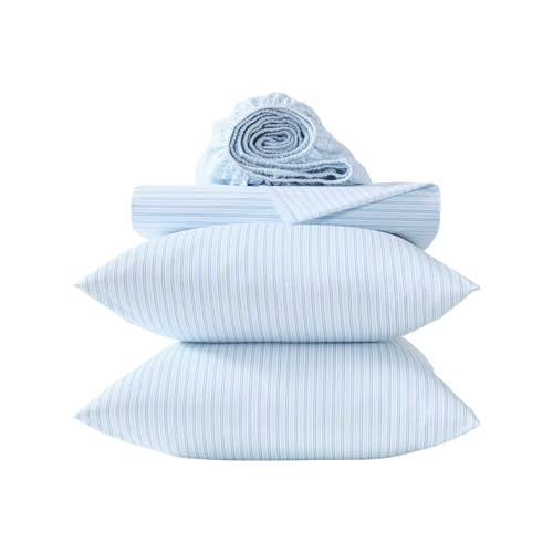 Image of Laura Ashley - Full Size Sheet Set, Crisp & Lightweight Cotton Percale Bedding with Fitted Sheet and Pillowcases, Striped Room Decor, Deep Pocket, College Dorm Room Essentials (Bedford Skinny Blue)