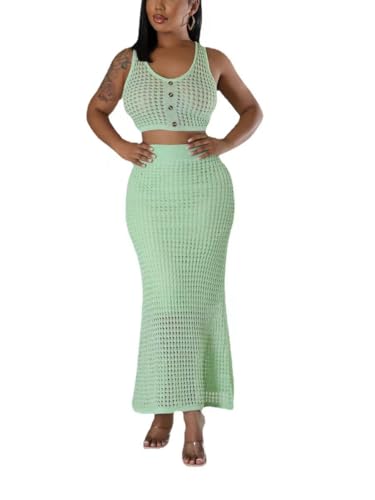 Image of Women Plus Two-Piece Skirt Set Tassel Fishing Net Knittin Hollow Out Off Shoulder Beach Dresses Swimsuit Cover Ups