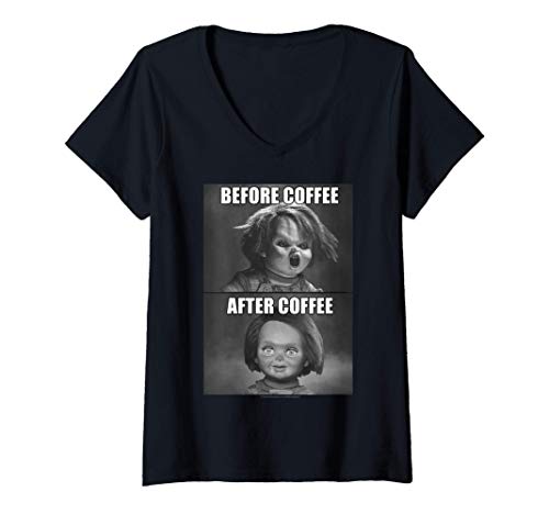 Mujer Child's Play Chucky Before Coffee After Coffee Camiseta Cuello V