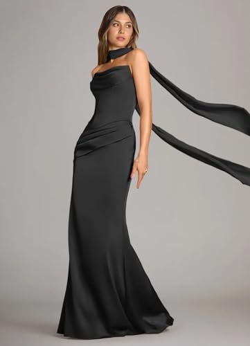 Satin Bridesmaid Dresses with Scarf Strapless Mermaid Evening Formal Maxi Dresses for Women LA2154