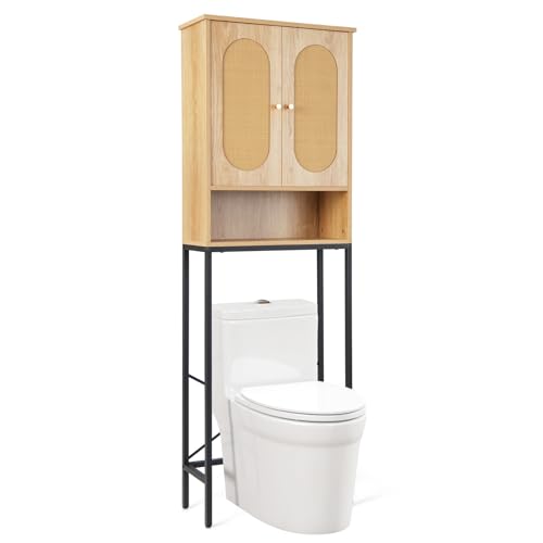 LIFEZEAL Mueble sobre WC, Armario sobre Inodoro con 2 Puertas de Mimbre, 4 Reposapiés Regulables, Dispositivo Antivuelco, para Cuarto de Baño, 60 x 25 x 175 cm, Natural