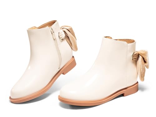 Coutgo Girls Ankle Boots Kids Bow Chunky Low Heel Side Zipper Dress Booties Fashion Fall Shoes, Off-white, Size 12