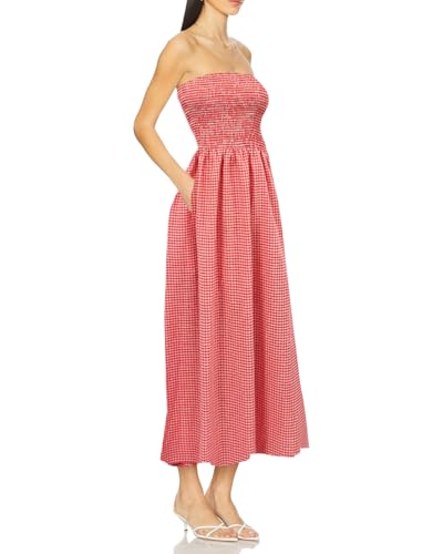 Image of Aigeman Women Strapless Tube Maxi Dress Flowy Swing Long Beach Sundress Sleeveless Boho Summer Dress with Pokets 330