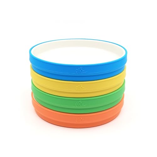 – Elk and Friends Kids 7.8” Porcelain White Plates with Silicone Sleeves | Suitable for Babies/Toddlers | Microwave & Dishwasher Safe | Non Slip Dinnerware | Snack Dishes | 4 Pack