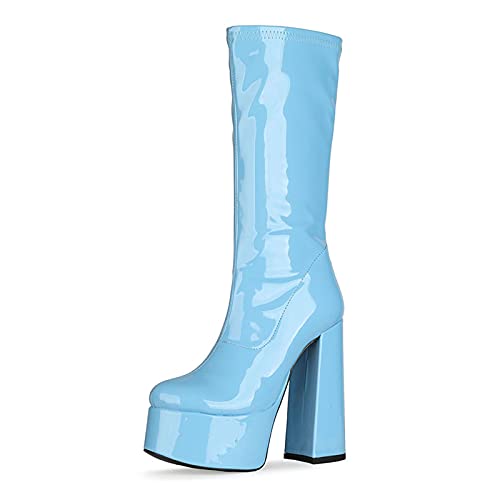 SaraIris Women's Go-Go Boots Platform Boots For Women Chunky Block Heel Mid Calf Pull On Boots High Heel Waterproof Boots