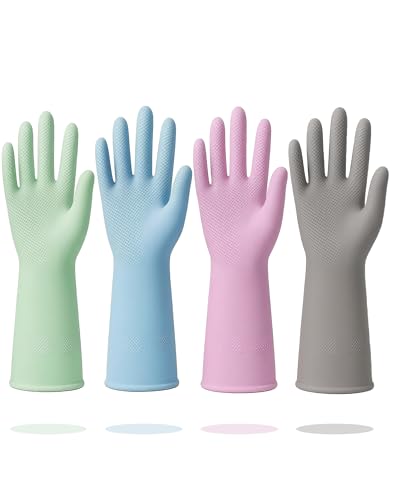 Rubber Cleaning Gloves for Dishwashing, 4 Pairs Reusable Kitchen Gloves for Washing Dishes with Non-Slip Grip, Long-lasting & Flexible Latex Free Household Gloves for Woman Men Bathroom, Medium