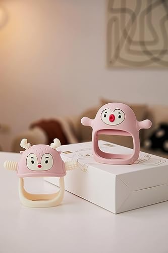 Smily Mia Baby Teething Toys for 0-6Months, Baby Teether for 6-12Months, Never Drop Penguin and Reindeer Baby Gift Set, Perfect Baby Easter Basket Stuffers, Hand Pacifer+Hand Teether Set, Light Pink