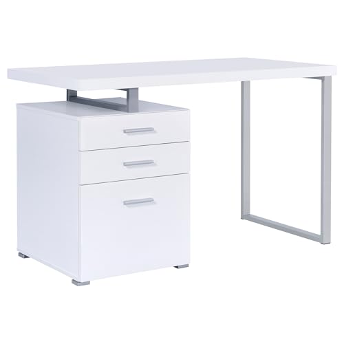 Coaster Home Furnishings Brennan Modern Contemporary Home Office 3-Drawer Writing Desk with Drawers Computer Desk Study Table File Cabinet Storage Silver Metal Frame White 800325