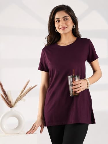 Image of 9shines Label Cotton Plus Size Long T-Shirt Tunic | Hip Covering Regular Top Nightwear| Sleepshirt Lounge wear for Women with Pocket (M-7XL)