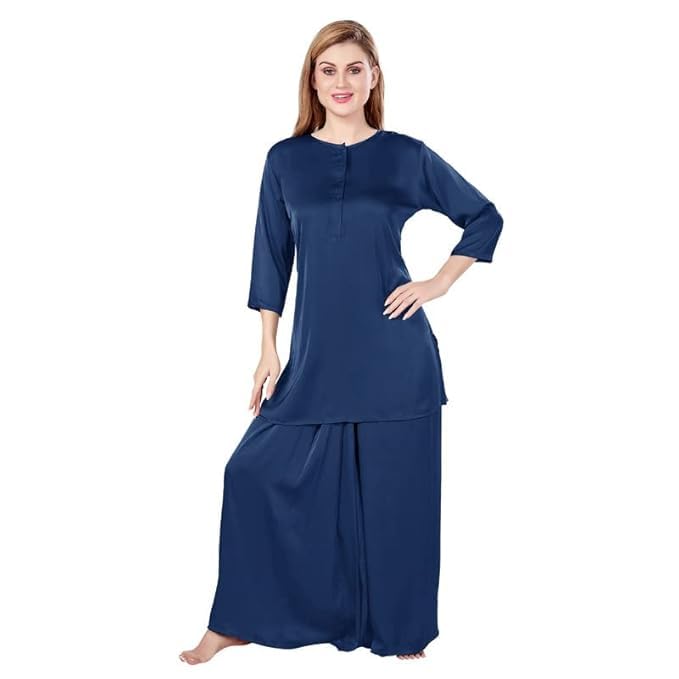 play loungewear Women's Lungi Kurta Nighty Solid Satin Round Neck 3/4th Sleeve Kurta and Skirt Night Dress Two Piece Co-ord Set-picture-22