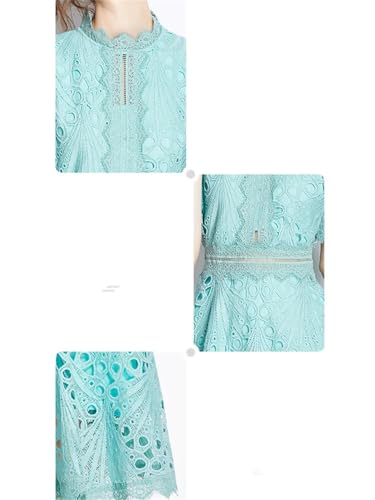 Image of Womens Vintage High-End O-Neck Short Sleeve Lace Hollow Out Dress Slim Elegant Long Dress