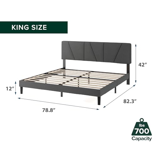 Image of Zinus King Maya Upholstered Bed Frame with Asymmetric Headboard, Durable Wooden Slats, Sturdy Framework, Noise Free Sleep, No Box Spring Needed, Easy Assembly, Eco Friendly Packaging, Dark Grey