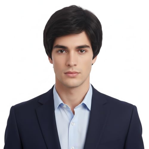 Perruque synthétique homme REEWES noire coupe courte naturelle avec frange