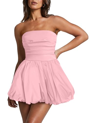 Image of Women's Strapless Bubble Mini Dress Tube Top Ruched Bow Tie Back Party Cocktail Dresses