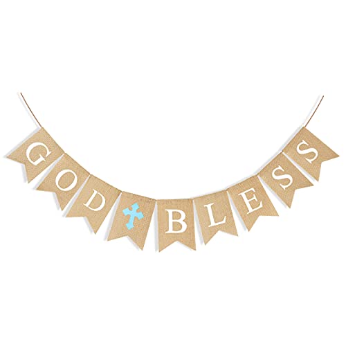 CHRORINE God Bless Banner Baptism Decorations for Boys, First Communion Confirmation Decorations, First Communion Baptism Party Supplies - BLUE