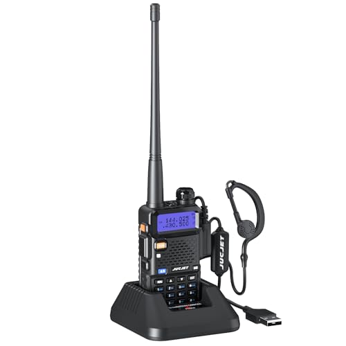 JUCJET 5R Dual Band Radio Talkie Walkie，VHF/UHF LED FM 128 canaux de mémoire Radio Émetteur-récepteur FM Radio，avec Oreillette et USB Base de Chargement