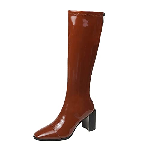 Stylish Plain Thick High Heel Patent Leather Zip Back Boots