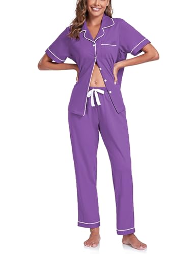 Image of COLORFULLEAF Women's 100% Cotton Pajamas Set Button Down Sleepwear Short Sleeve Shirt and Long Pants Soft Ladies Lounge Sets