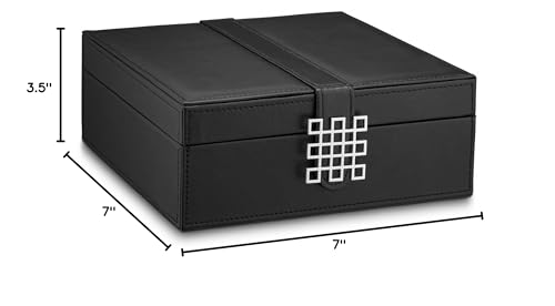 Glenor Co Ring Organizer Box - 108 Slot Classic Jewelry Display Holder - 2 Storage Trays with Modern Buckle Closure, Large Mirror - Holds Rings and Cufflinks - PU Leather Case - Black