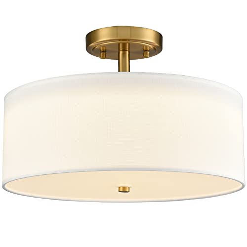 TEENYO 15-Inch Dimmable Gold Semi flush mount with Drum Shade ceiling light Fixture Brass LED, for Bedroom Hallway Living Room, 30W 3000K/4500K/5500K