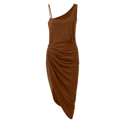Generic Women's Brown Solid Color Sexy Sleeveless One Shoulder Maxi Dress, Casual, Party, Formal, Large, V-Neck, Modern, Ruffle, High Waist, Spring/Summer2
