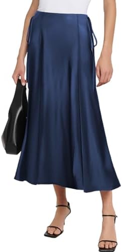 SEBOWEL Women Satin Maxi Long Skirt Silk Side Tie A Line Swing Midi Skirt Silky Flowy Ruffle Pleated Cocktail Party Skirts