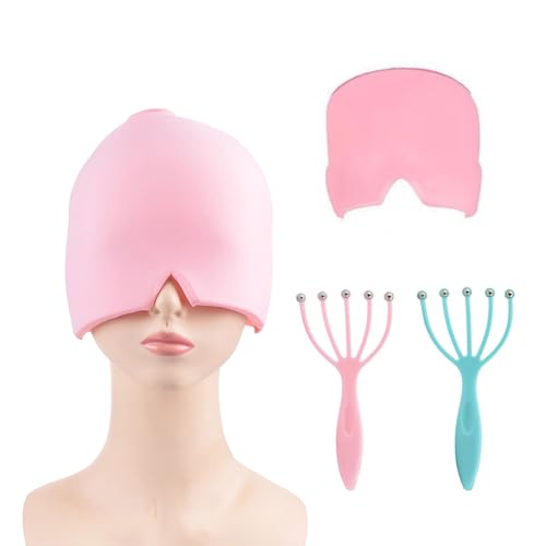 Gorro Migraña, Migraña Gorro de Gel, Máscara para Migrañas, Gorro de Gel Frio, Sombrero de Hielo para Migrañas, con 2 Masajeador de Cabeza, per Relajarse y Aliviar el Estrés, Reutilizable-Rosa