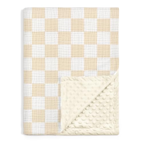 Image of Checkered Baby Blankets for Boys Girls, Soft Nursery Minky Blankets with Muslin and Dotted Fleece Back 30x40 inches, Receiving Bed Quilt for Newborn, Infants, Toddlers